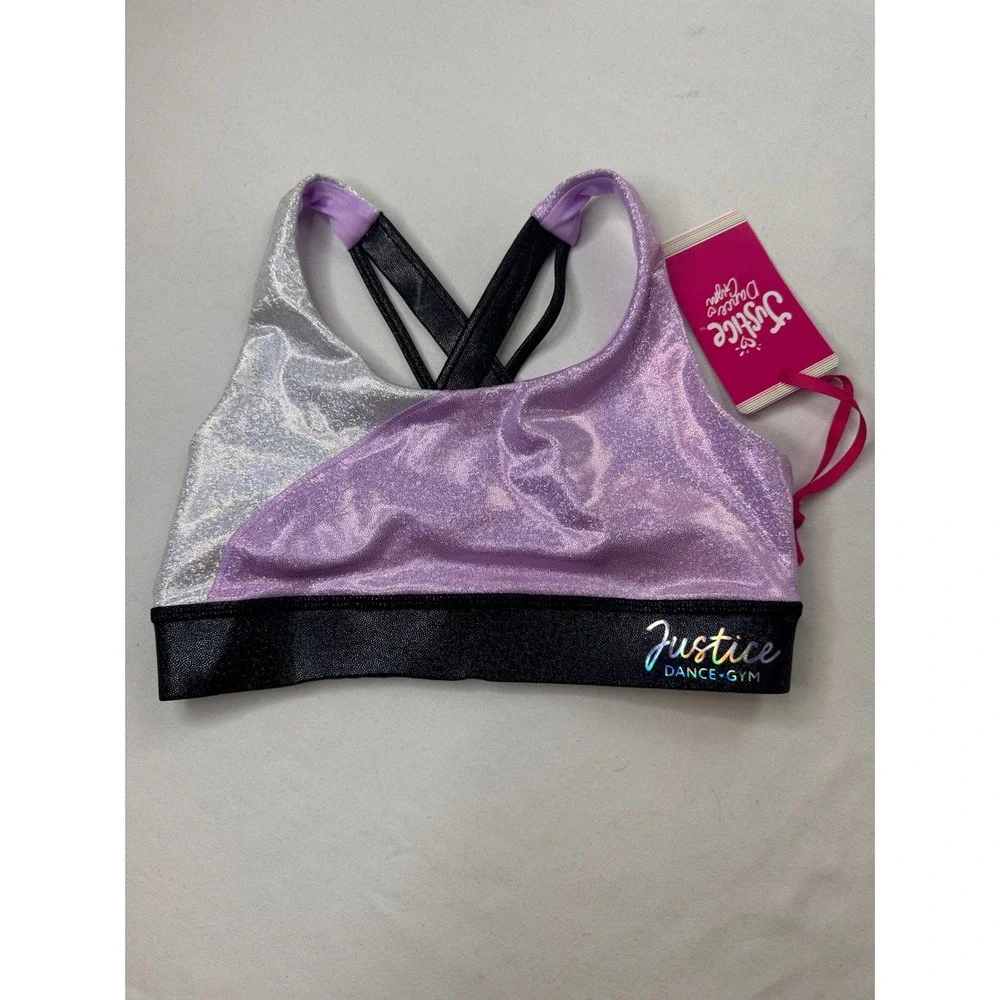 Justice Dance Gym Girls Iridescent Colorblock Sports Bra Purple Silver S 7/8 NWT
